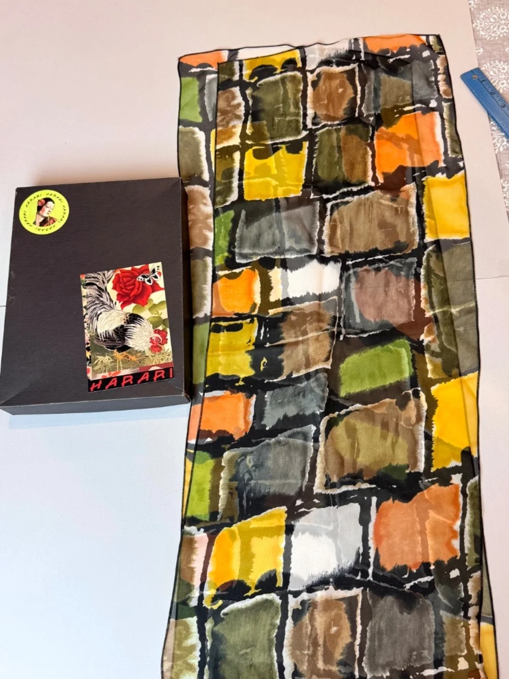 New HARARI 100% Silk Scarf Abstract Colorblock Tile Print in Original Box + Card